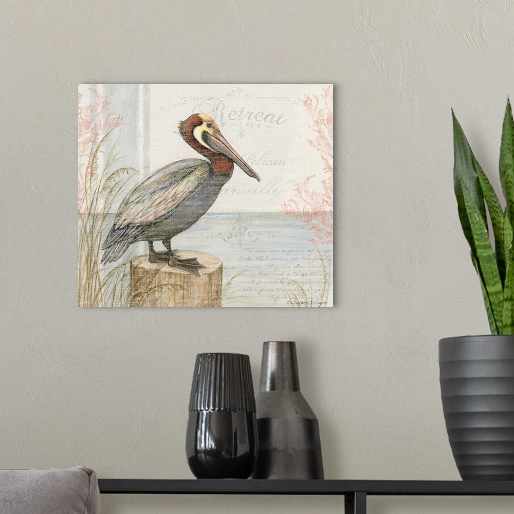 A modern room featuring This pelican in a lovely watercolor scene brings the coast into your home.