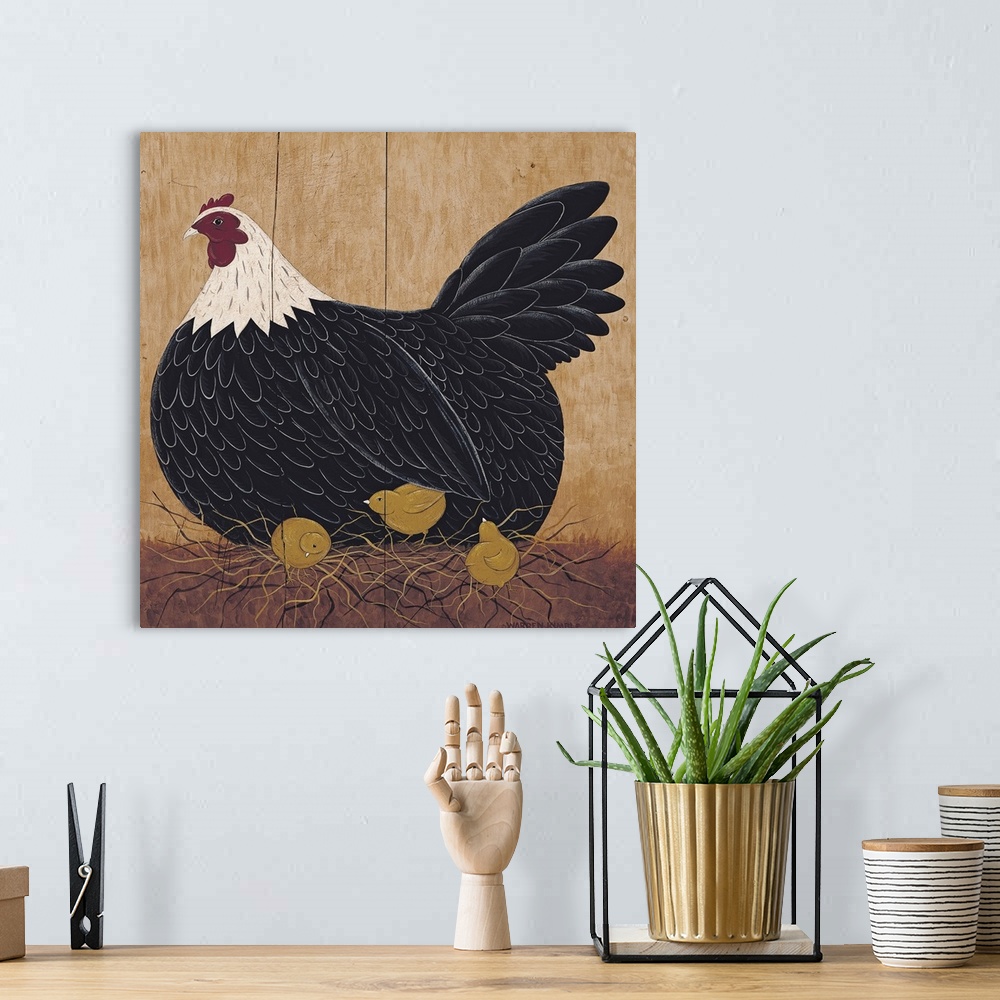 A bohemian room featuring Portrait folk art on a big wall hanging of chicken sitting on a pile of straw, while several tiny...