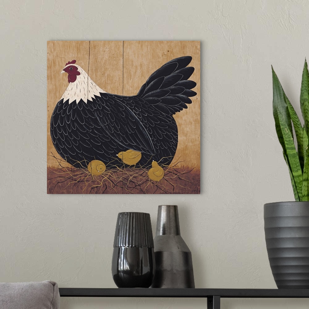 A modern room featuring Portrait folk art on a big wall hanging of chicken sitting on a pile of straw, while several tiny...