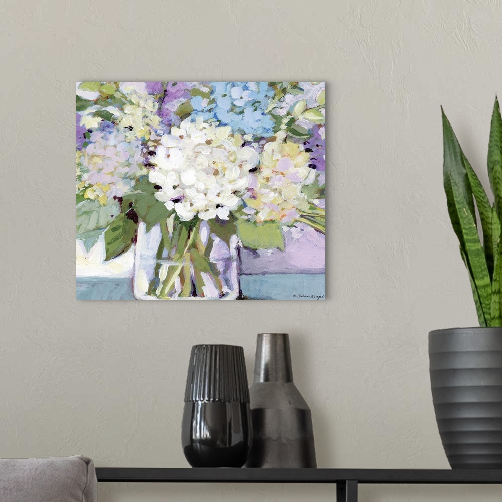 A modern room featuring This striking hydrangea bouquet adds a dramatic statement to any room