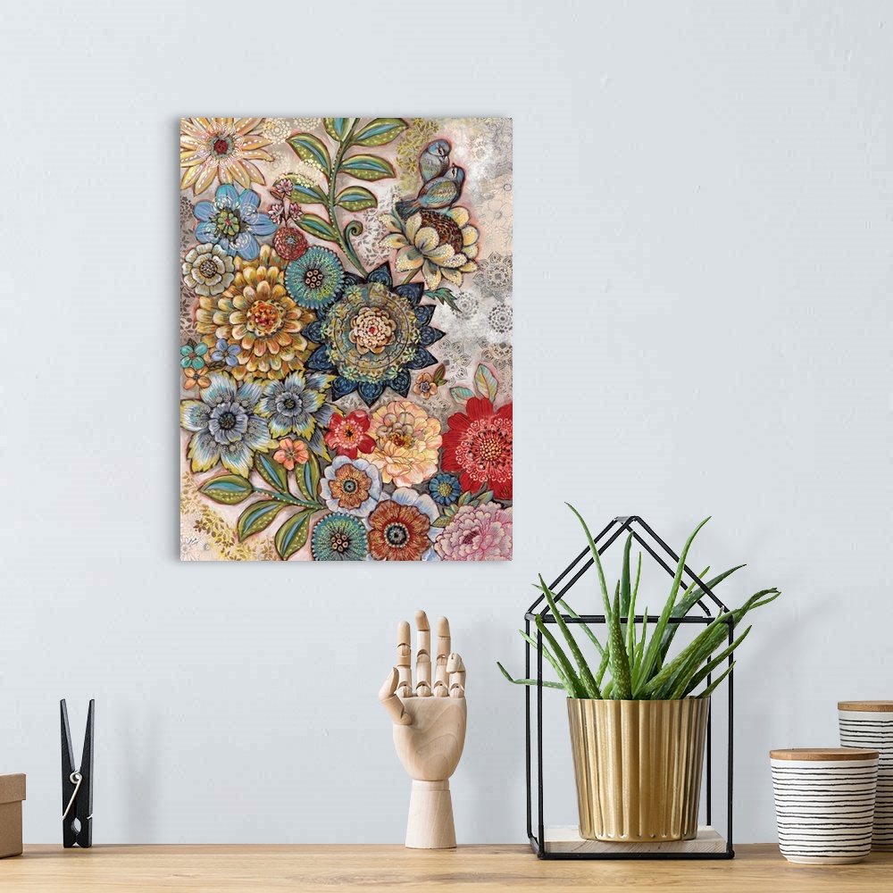 A bohemian room featuring Richly detailed floral collage makes an impactful design statement