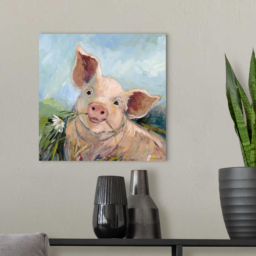 A modern room featuring This comely pig enjoys posing with her flower! A fresh country decor look.