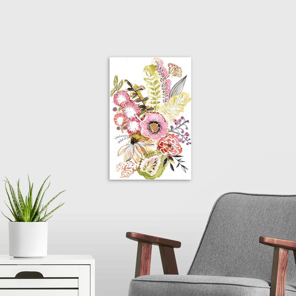 A modern room featuring A playful and splashy floral pink bouquet adds a delicate home accent.