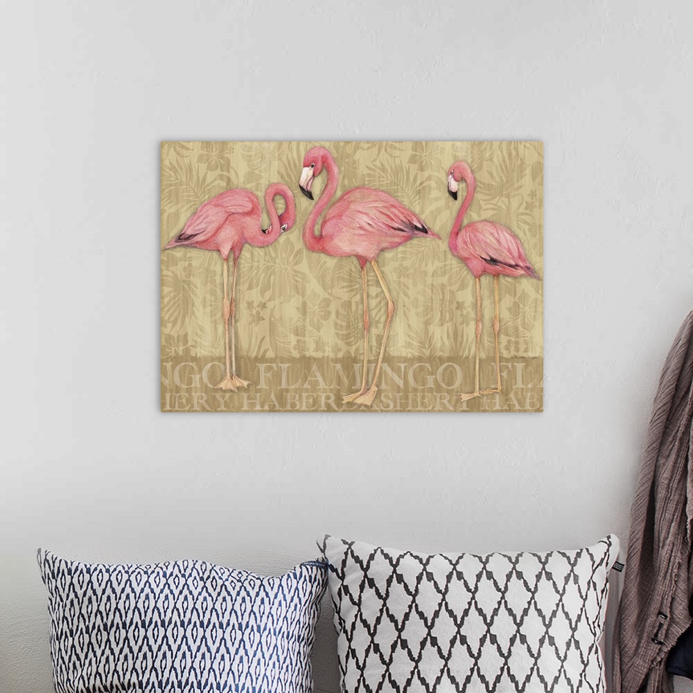 A bohemian room featuring An elegant on-trend trio of Flamingos for your home!