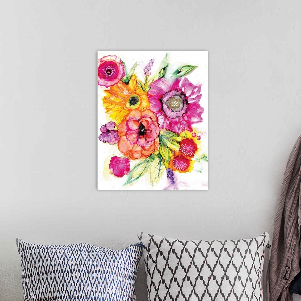A bohemian room featuring The loose style of alcohol inks makes this floral image an impact statement.