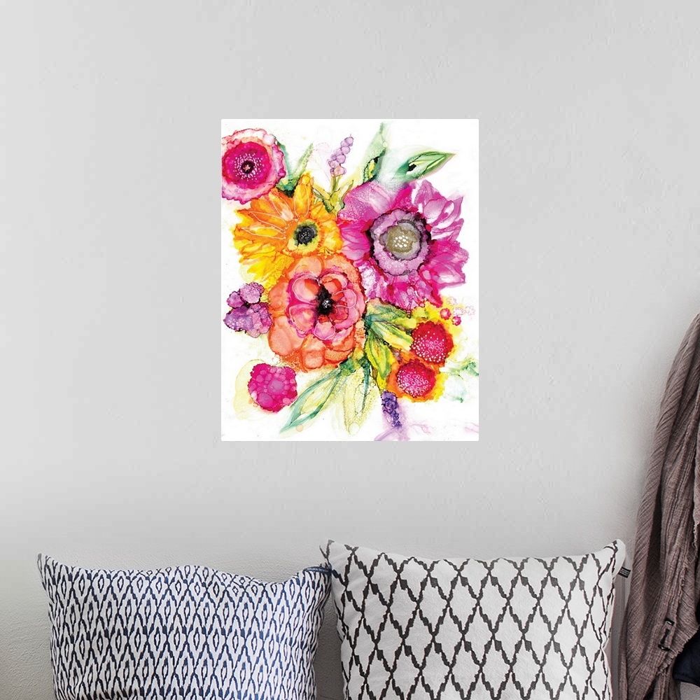 A bohemian room featuring The loose style of alcohol inks makes this floral image an impact statement.