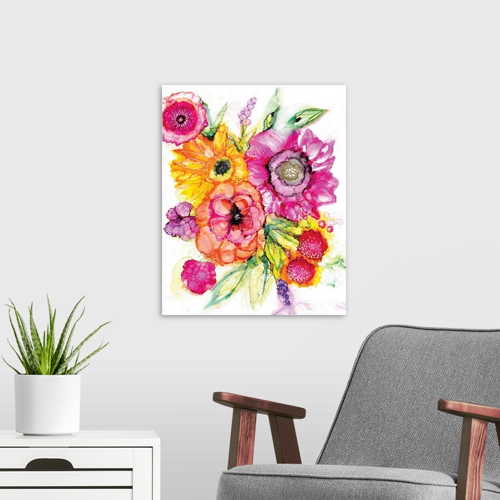 A modern room featuring The loose style of alcohol inks makes this floral image an impact statement.