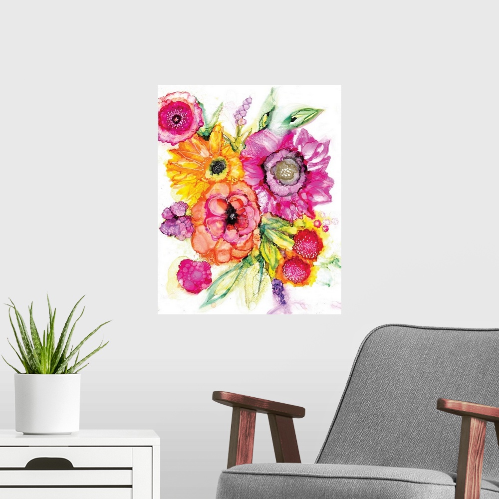 A modern room featuring The loose style of alcohol inks makes this floral image an impact statement.