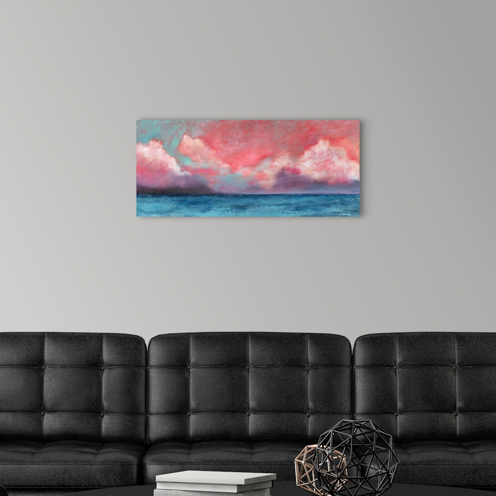 A modern room featuring Blue water and pink skies meet in this translucent seascape.