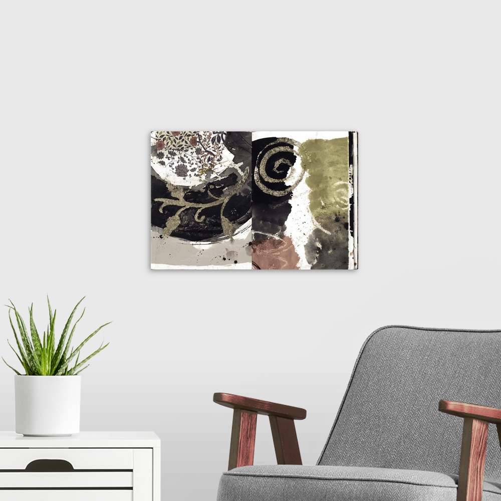 A modern room featuring Dramatic abstract with flowing shapes and neutral metallics that make a decor statement!