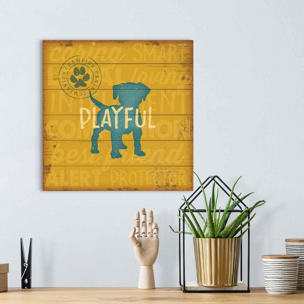 A bohemian room featuring This endearing decor features a silhouette of a pup with the word, "playful" and is embellished w...