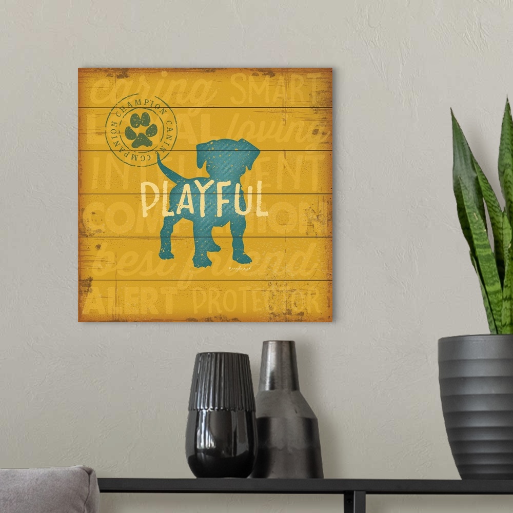 A modern room featuring This endearing decor features a silhouette of a pup with the word, "playful" and is embellished w...