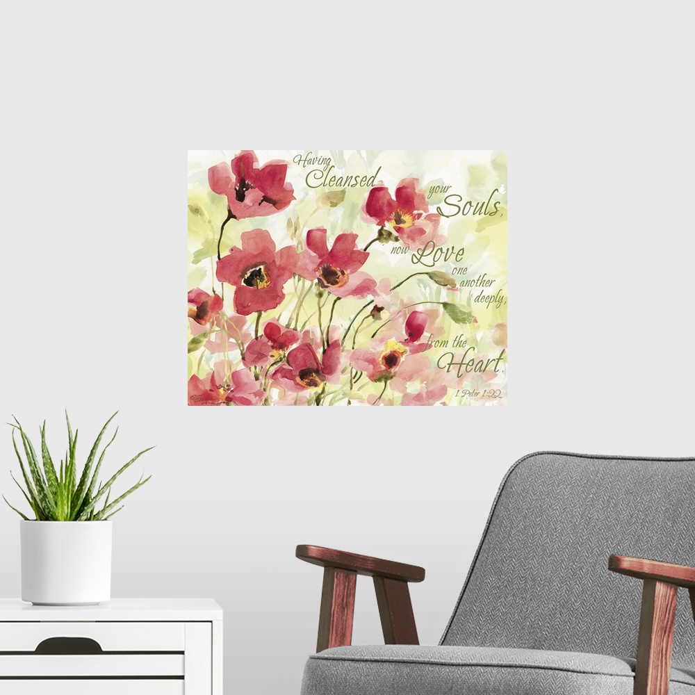 A modern room featuring Lovely floral art with inspirational message from scripture.