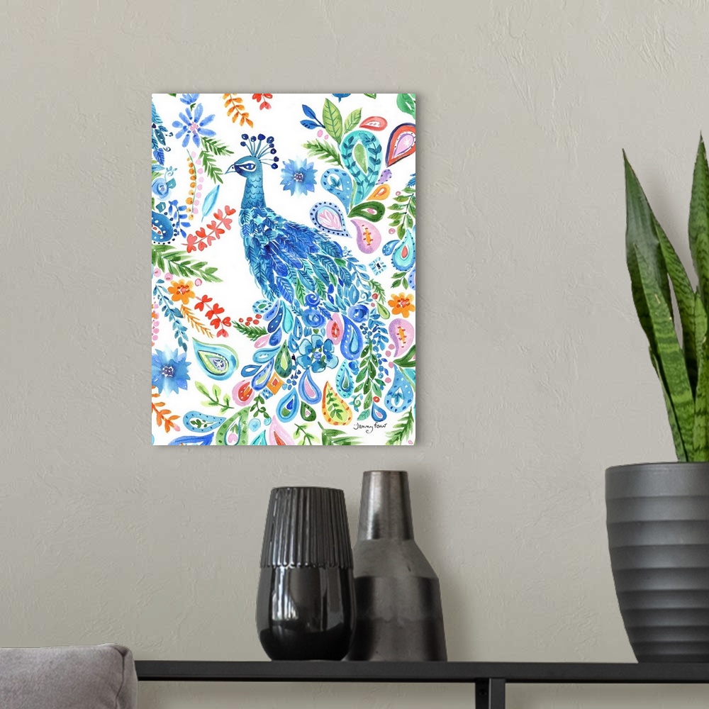 A modern room featuring This colorful and elegant peacock will splash to any room.