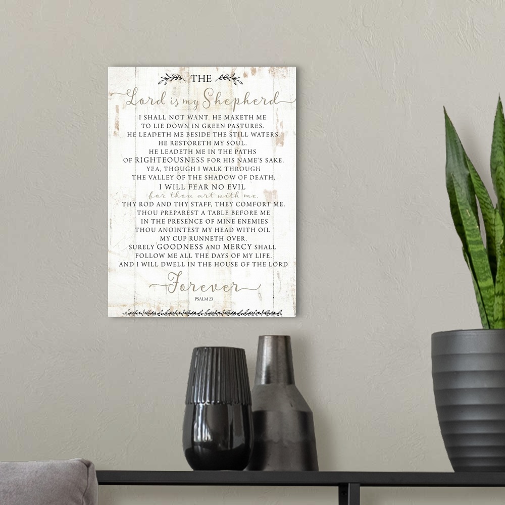 A modern room featuring Psalm 23 on a white shiplap wood background.