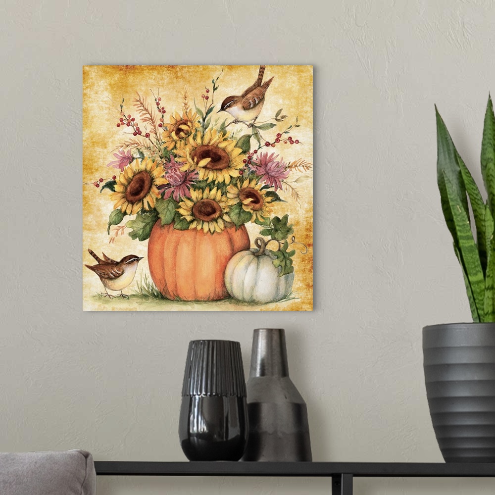 A modern room featuring A beautiful pumpkin becomes a harvest floral container!