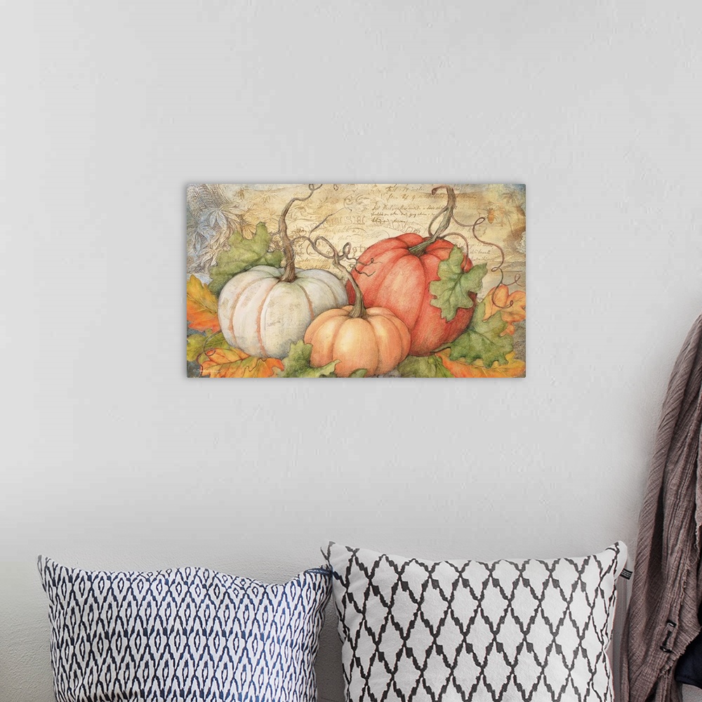 A bohemian room featuring A classic montage of harvest pumpkins!