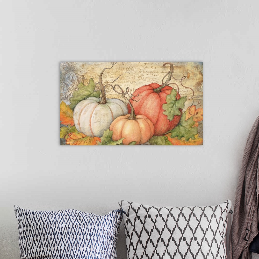 A bohemian room featuring A classic montage of harvest pumpkins!