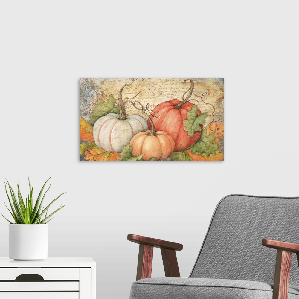 A modern room featuring A classic montage of harvest pumpkins!