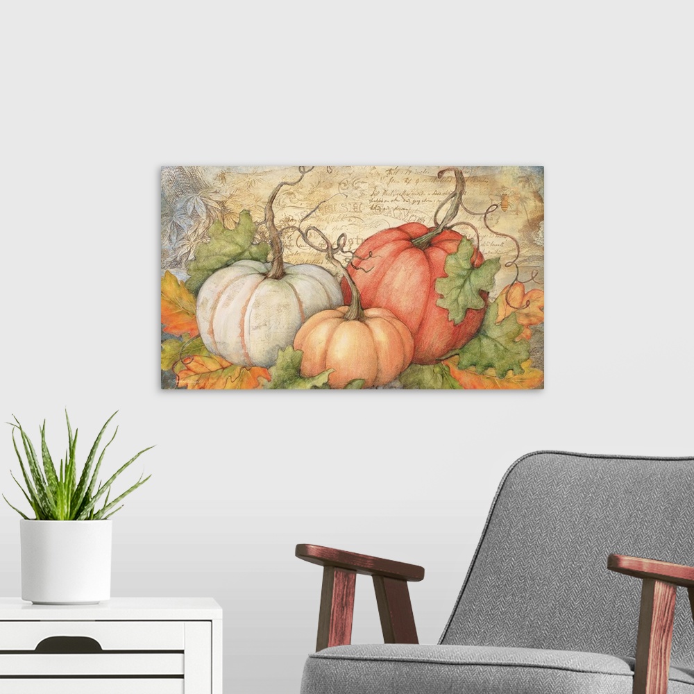 A modern room featuring A classic montage of harvest pumpkins!