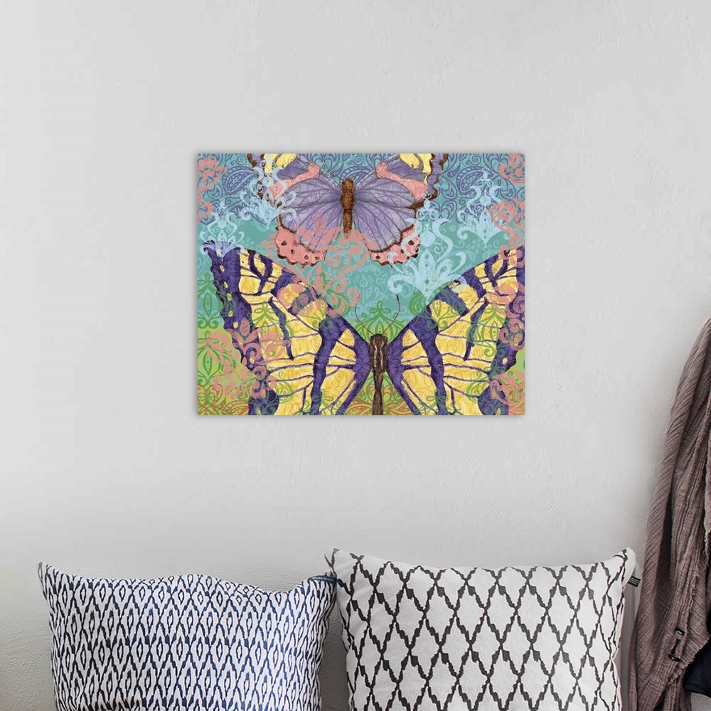 A bohemian room featuring Boldly colored and patterned butterfly makes an impacting, decorative statement.