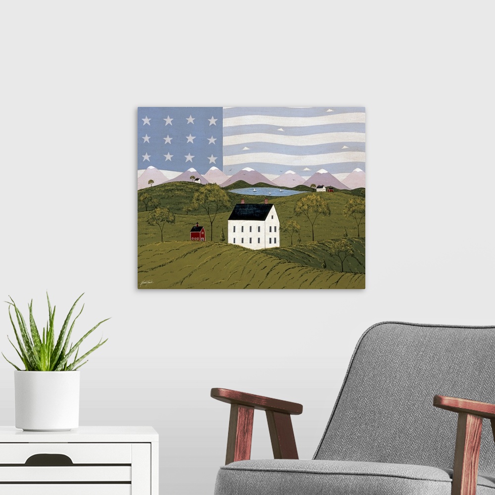 A modern room featuring America the Beautiful Purple Mountain Majesty by renowned folk artist Warren Kimble