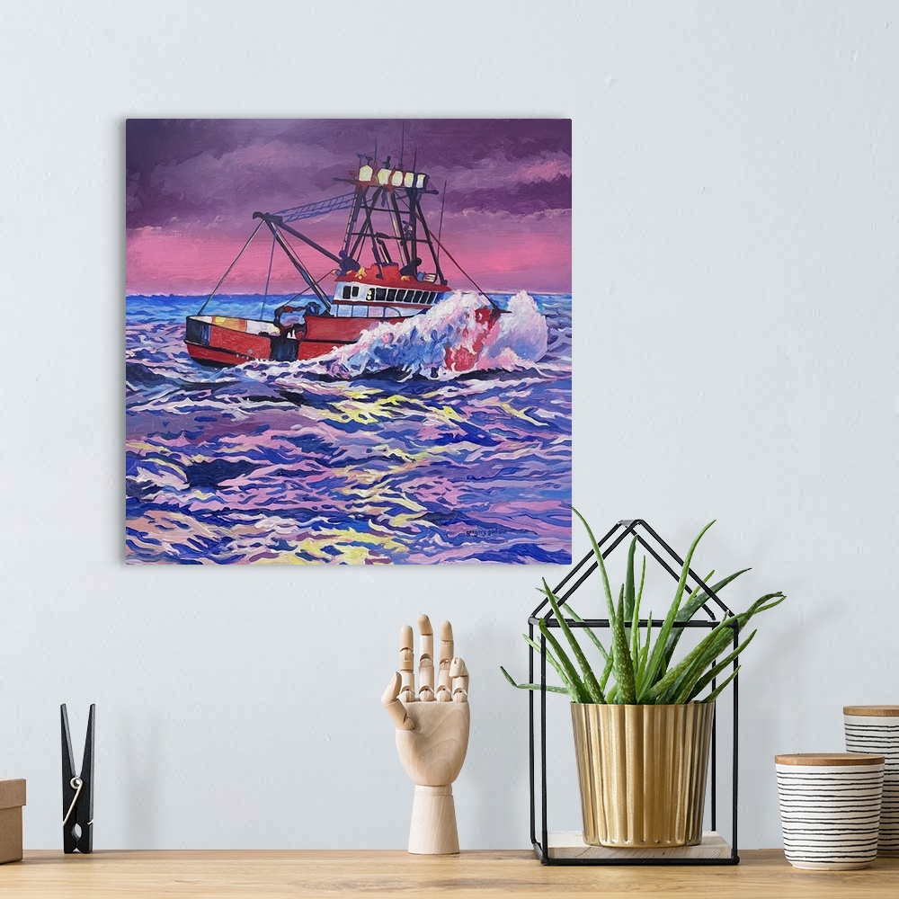 A bohemian room featuring A dynamic boat scene that captures the color and kinetics of the sea