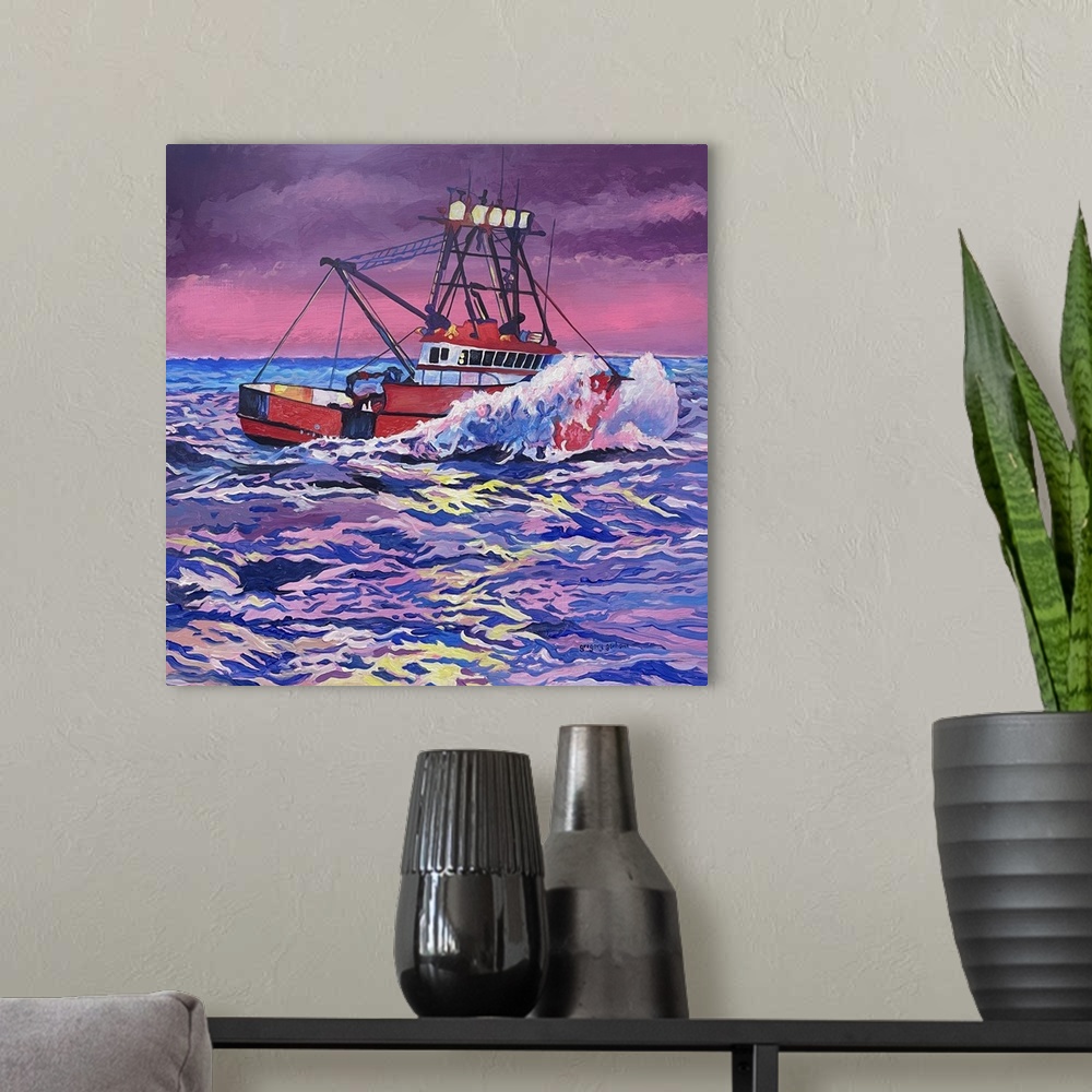 A modern room featuring A dynamic boat scene that captures the color and kinetics of the sea