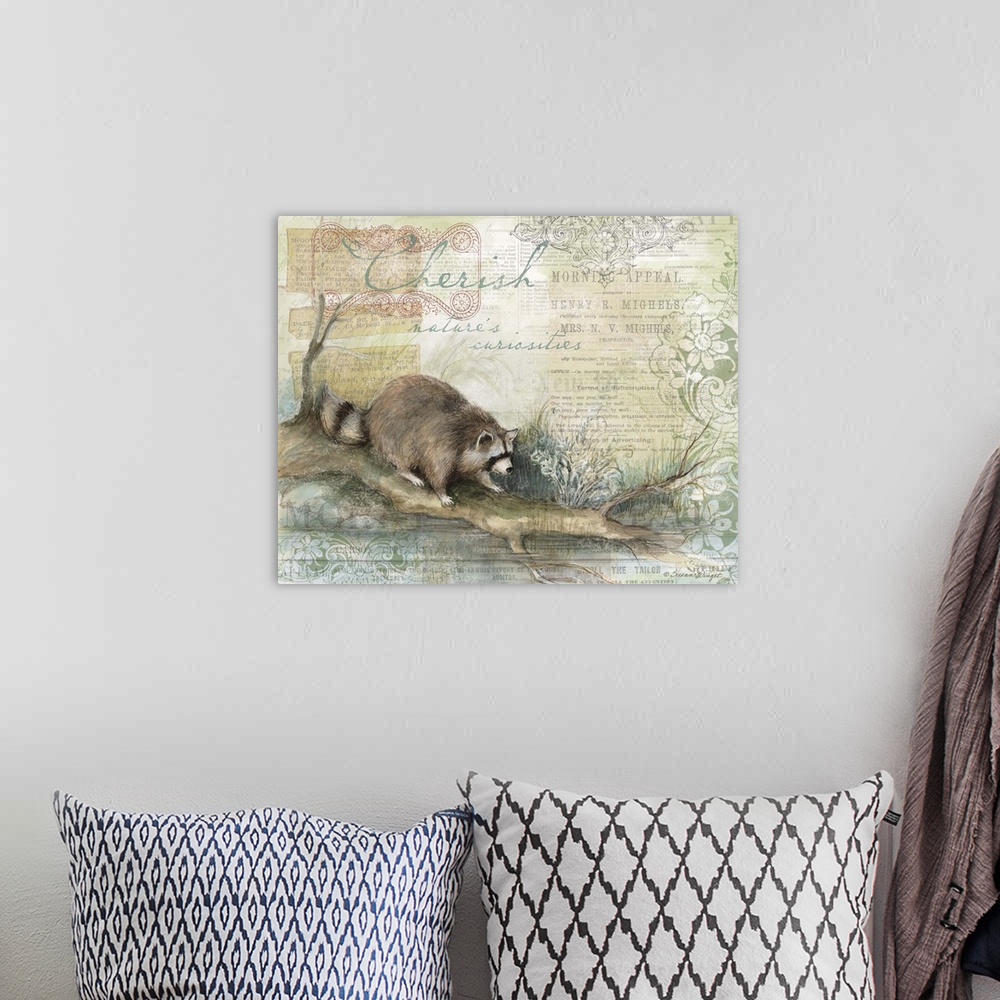 A bohemian room featuring The curious raccoon on a logperfect for den, lodge, cabin, or office.