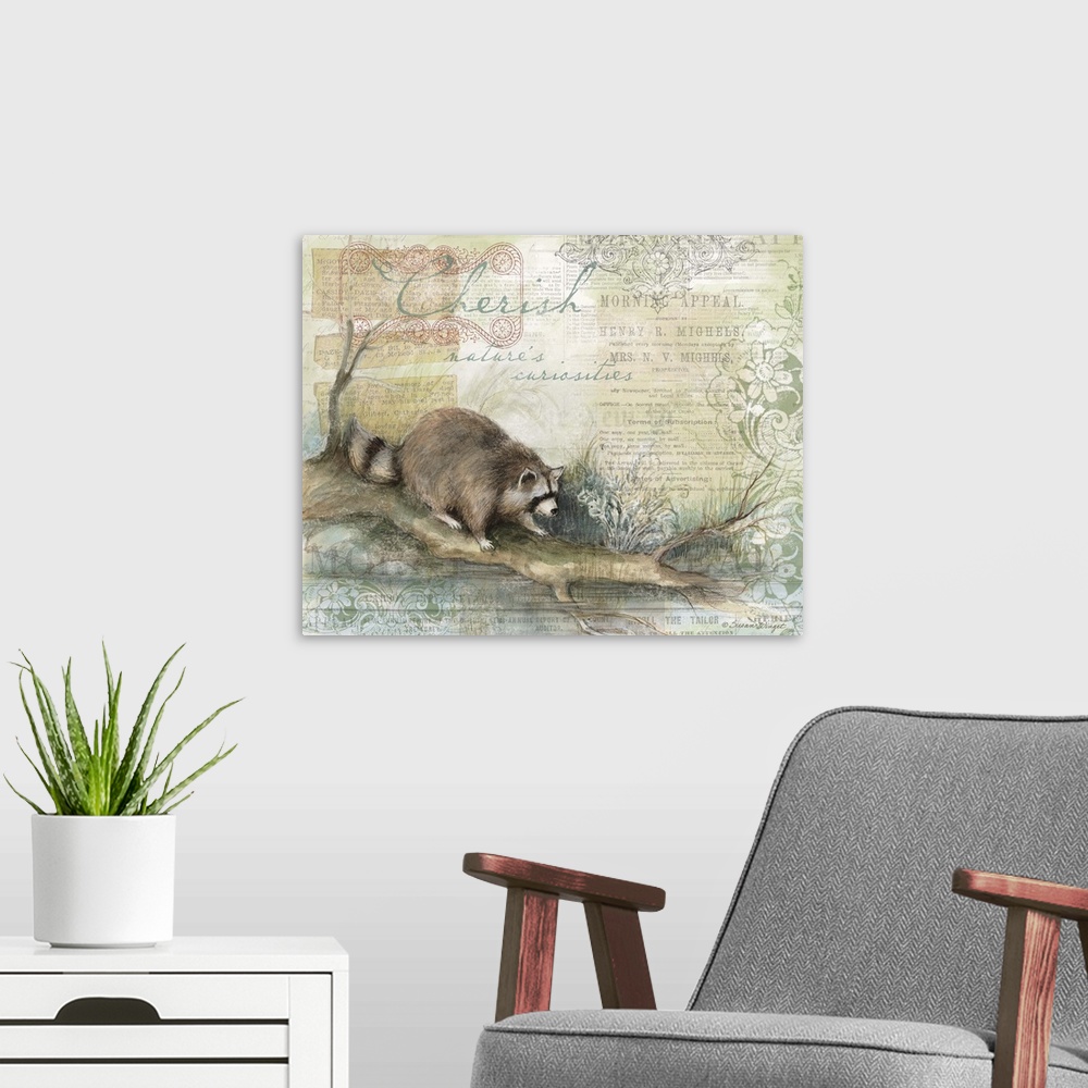 A modern room featuring The curious raccoon on a logperfect for den, lodge, cabin, or office.