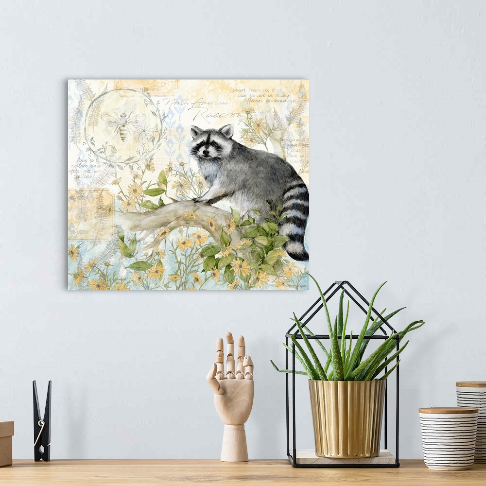 A bohemian room featuring A field guide rendering of this raccoon scene is perfect for den or office