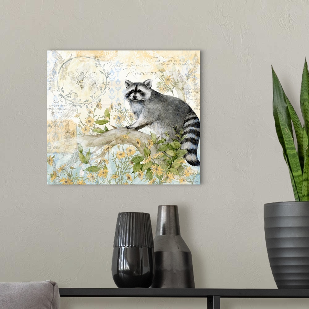 A modern room featuring A field guide rendering of this raccoon scene is perfect for den or office
