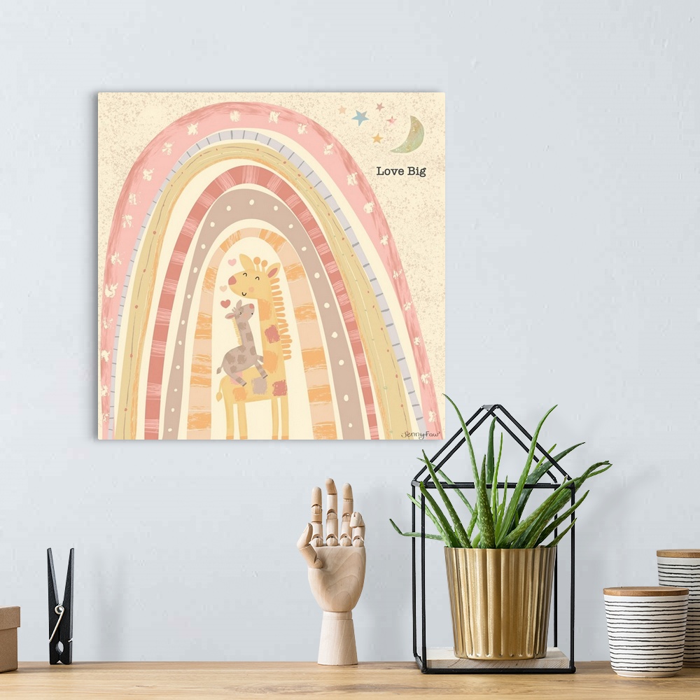 A bohemian room featuring Sweet and charming art for a child's room, with a gender-neutral palette.