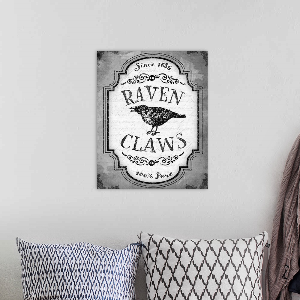 A bohemian room featuring Vintage style Halloween themed product label for a spooky ingredient in black and white.