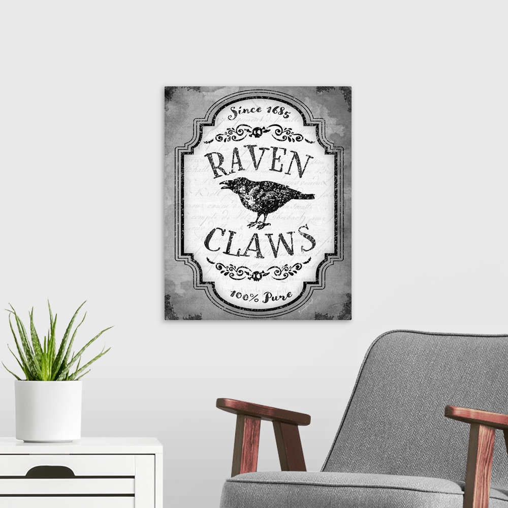 A modern room featuring Vintage style Halloween themed product label for a spooky ingredient in black and white.