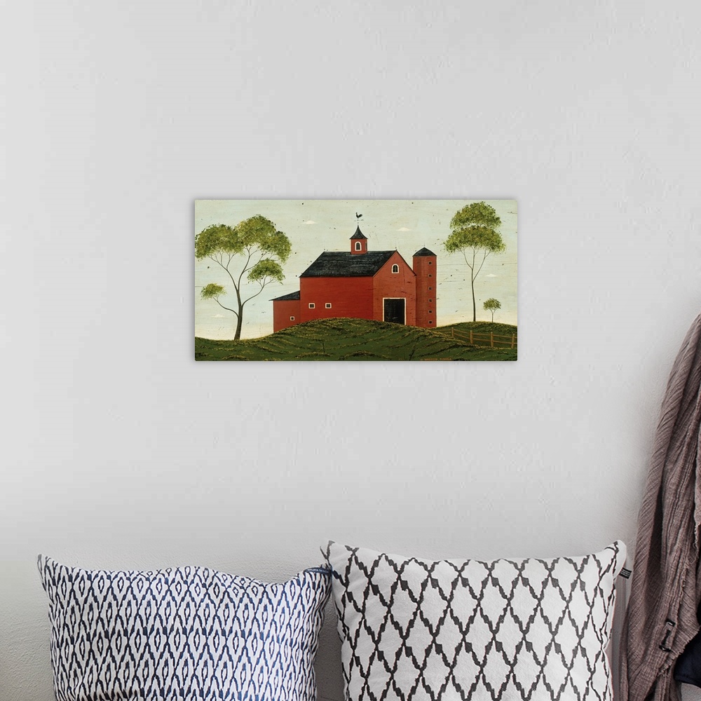 A bohemian room featuring Folk art featuring a farm building and three trees with a wooden fence on a rolling hill with cle...
