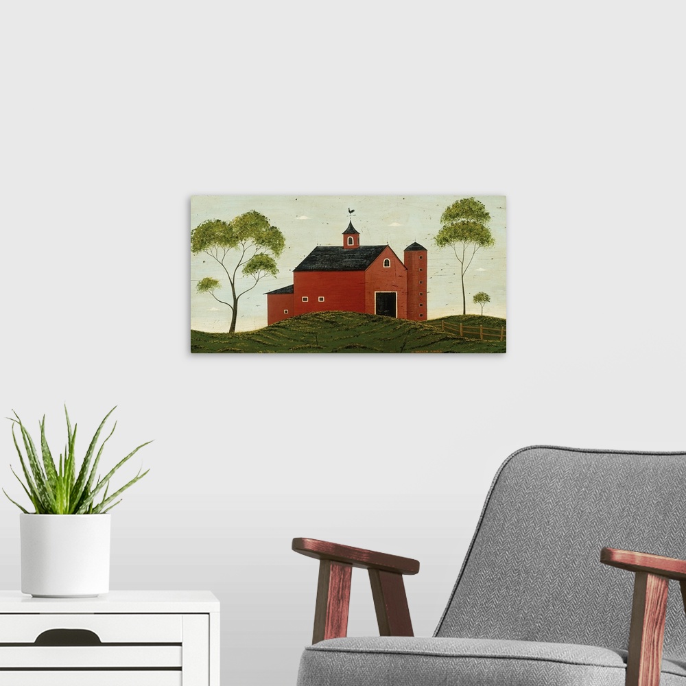 A modern room featuring Folk art featuring a farm building and three trees with a wooden fence on a rolling hill with cle...