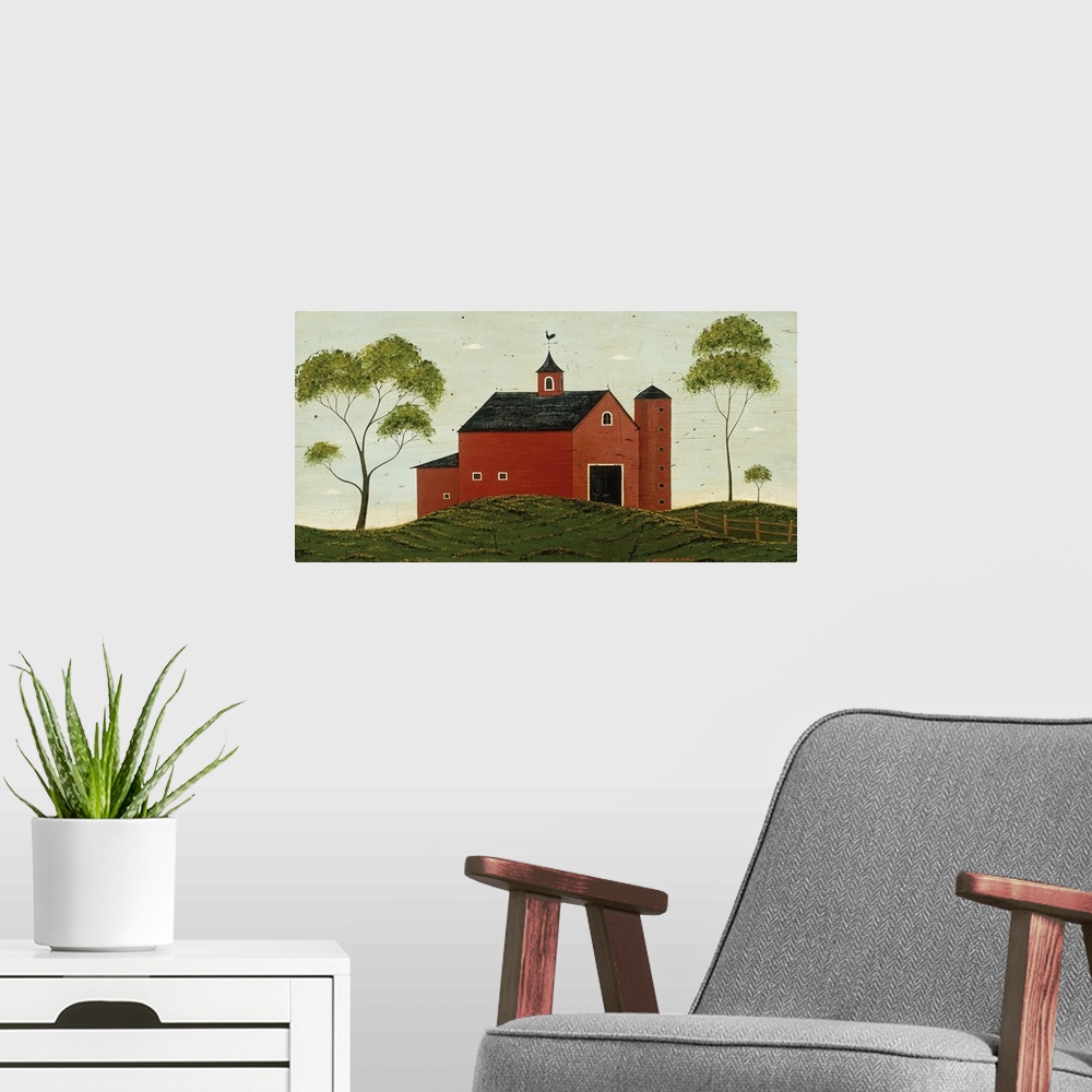 A modern room featuring Folk art featuring a farm building and three trees with a wooden fence on a rolling hill with cle...