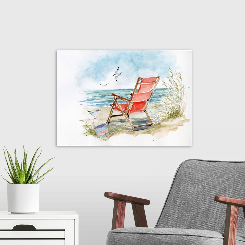A modern room featuring A wispy watercolor feel evokes a sunny day by the shore.
