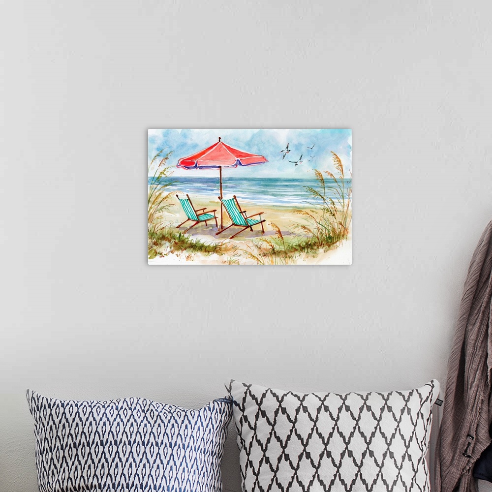 A bohemian room featuring A wispy watercolor feel evokes a sunny day by the shore.