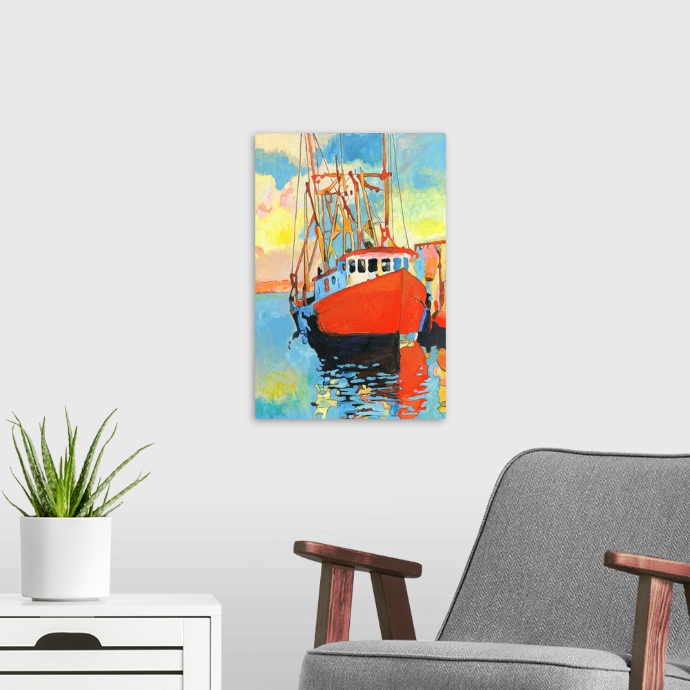 A modern room featuring A moody artistic boat scene captures the mystery of the sea