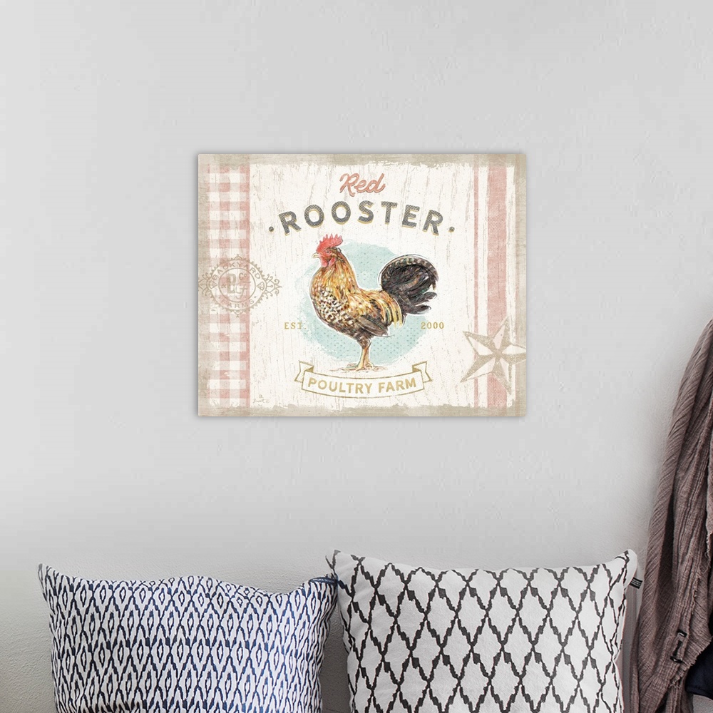 A bohemian room featuring A classic farmhouse rooster for your country decor.