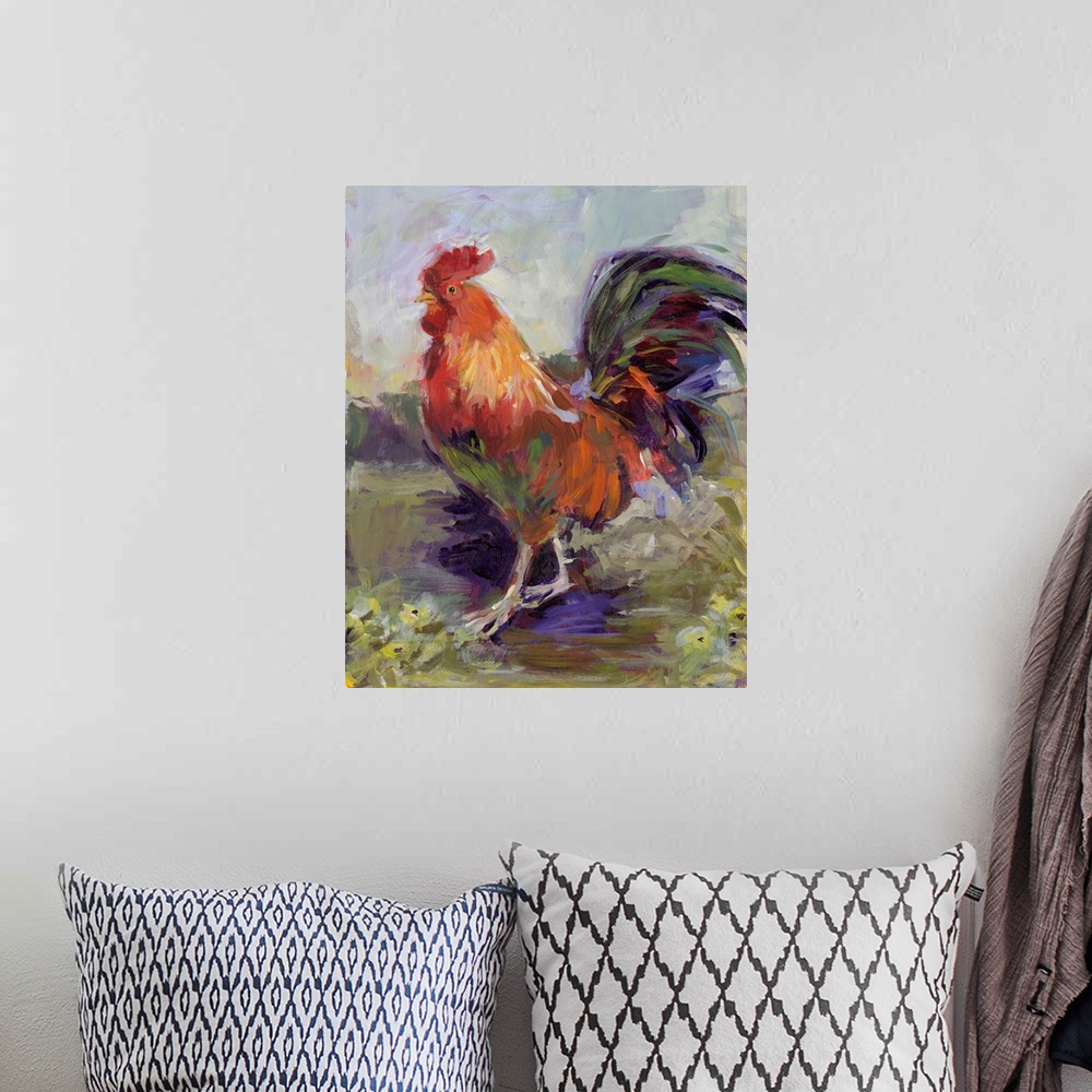 A bohemian room featuring This red rooster struts his stuff in this bold abstract farm scene.
