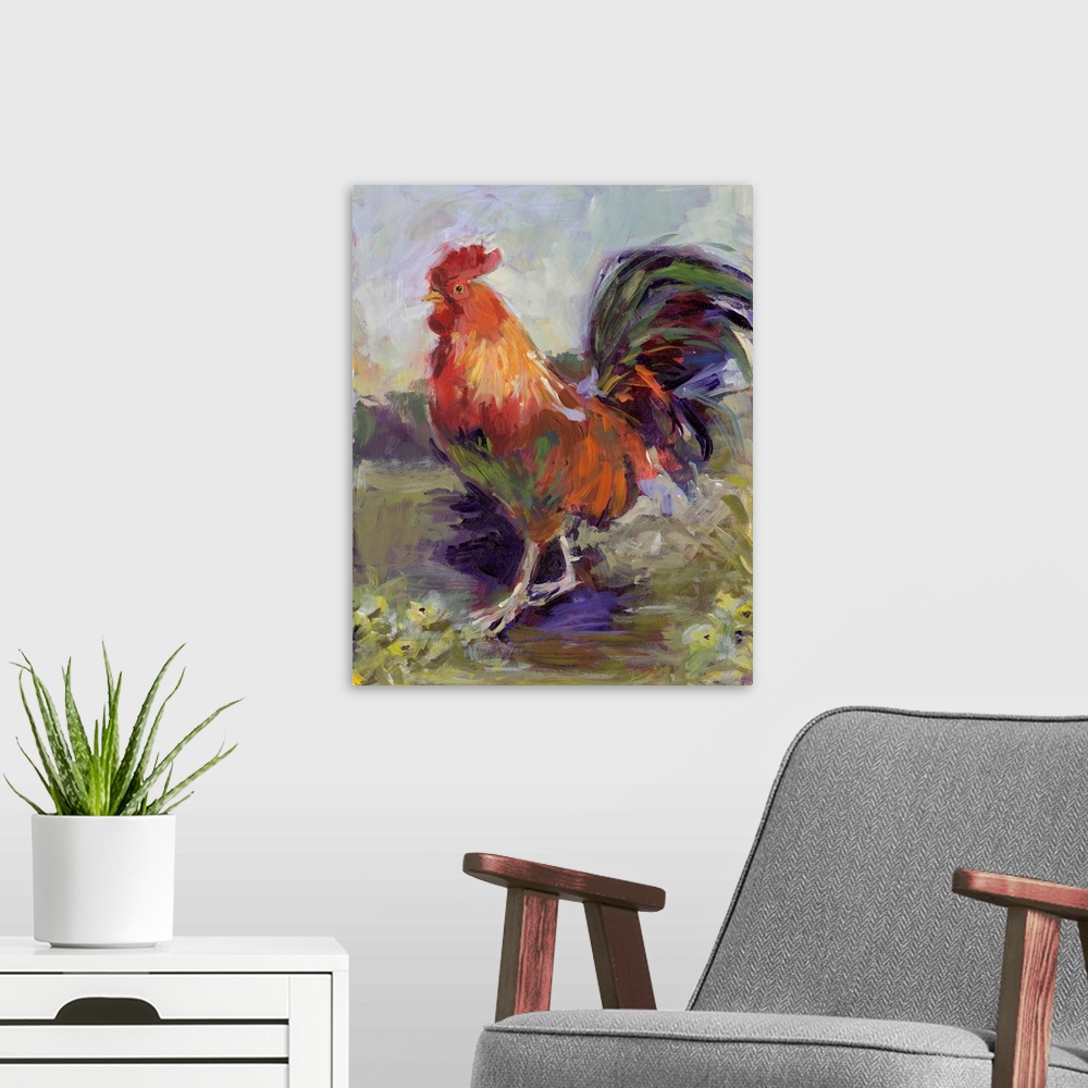A modern room featuring This red rooster struts his stuff in this bold abstract farm scene.