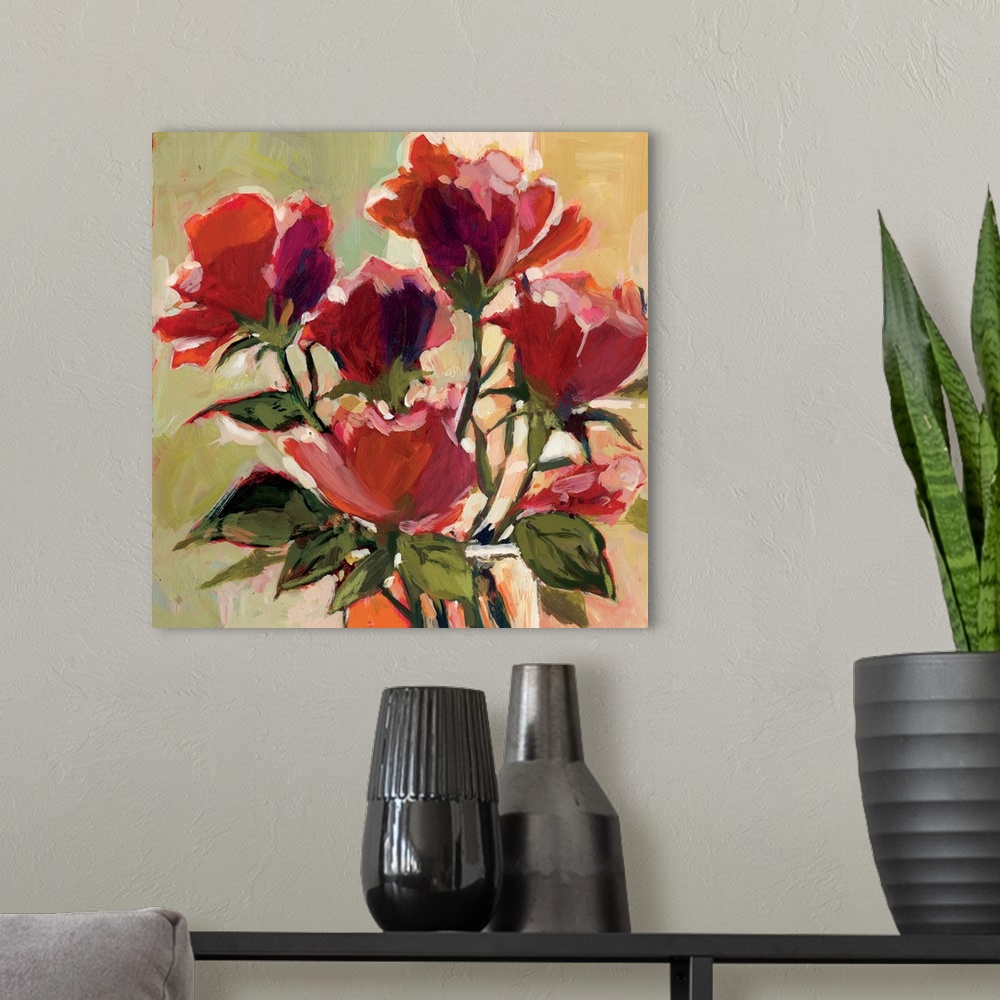 A modern room featuring This striking floral bouquet adds a dramatic statement to any room.