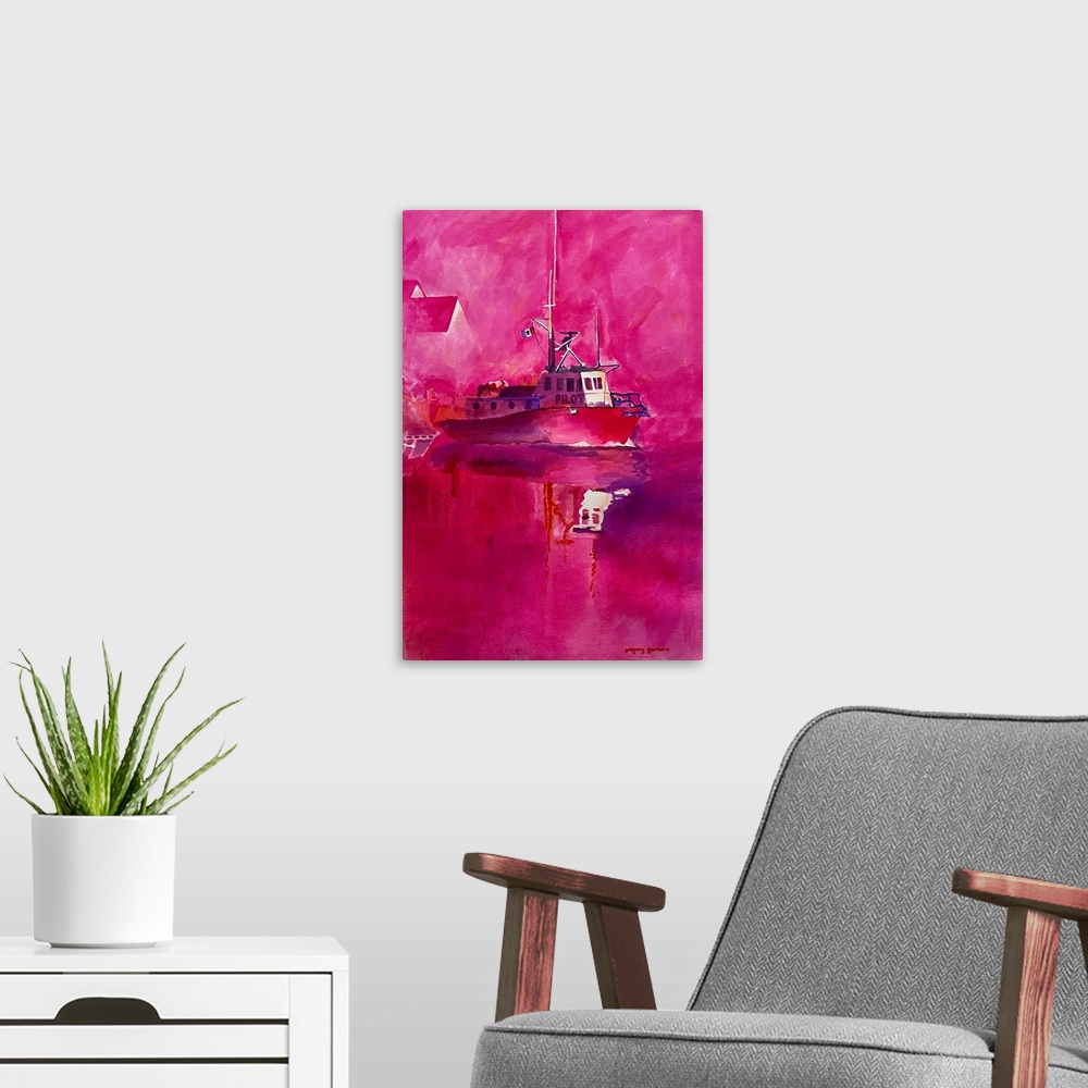 A modern room featuring This bold nautical sunset scene shows a limitless horizon
