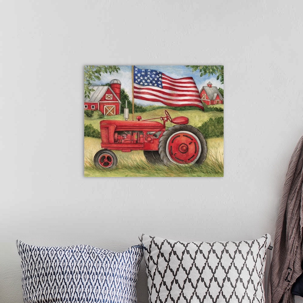 A bohemian room featuring Red tractor capture the American countryside with this painting in your home.