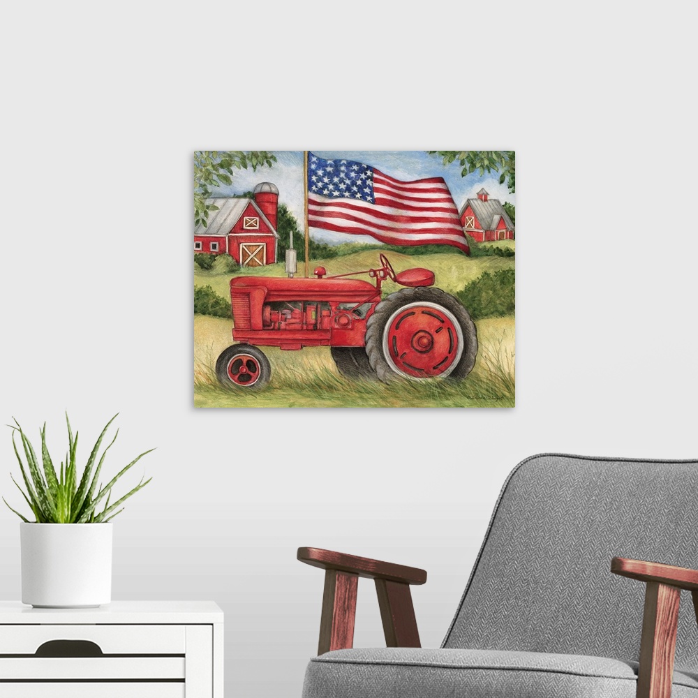 A modern room featuring Red tractor capture the American countryside with this painting in your home.