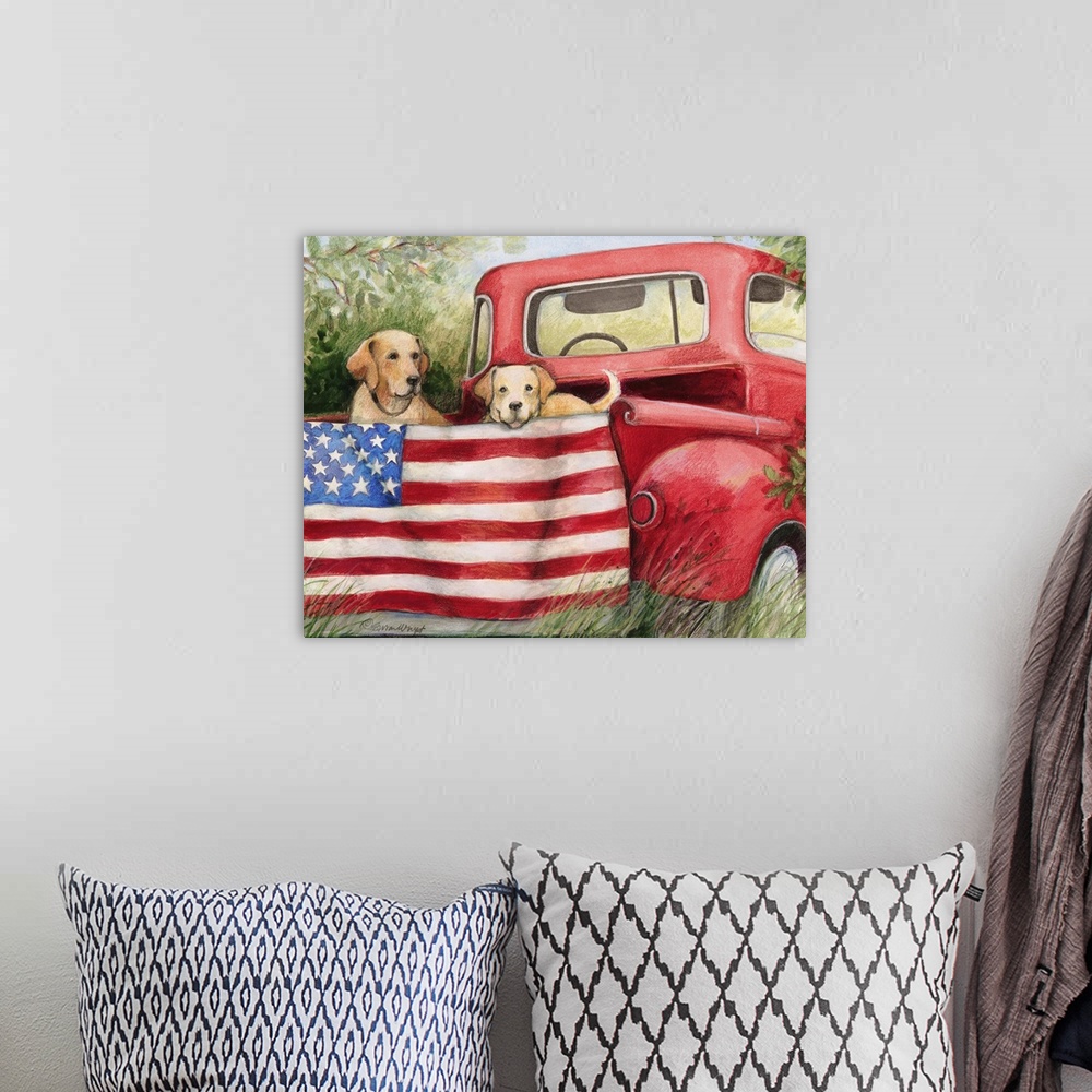 A bohemian room featuring Red trucks and dogs capture the American spirit with this painting in your home.