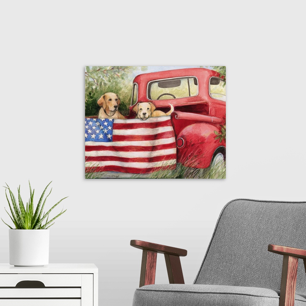 A modern room featuring Red trucks and dogs capture the American spirit with this painting in your home.